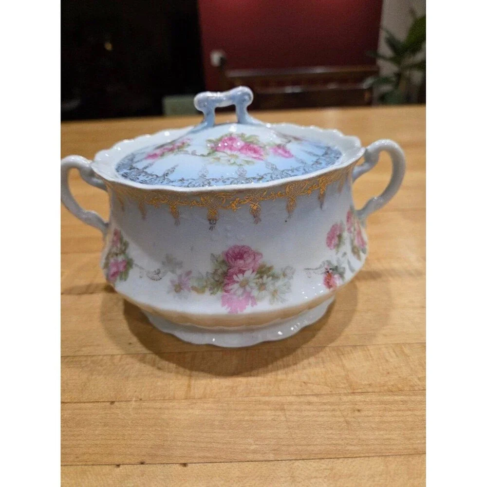 Antique Elbogen Austria Porcelain Sugar Bowl Pink Roses Gold Gilt Vanity Dish